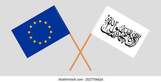 Crossed flags of the EU and Islamic Emirate of Afghanistan. Official colors. Correct proportion