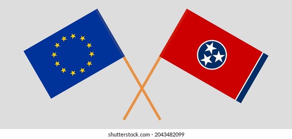Crossed flags of the EU and the State of Tennessee. Official colors. Correct proportion