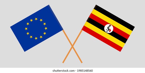 Banderas cruzadas de la Unión Europea y Uganda. Colores oficiales. Proporción correcta