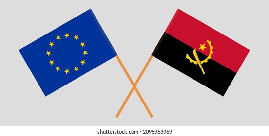 Crossed flags of the European Union and Angola. Official colors. Correct proportion. Vector illustration
