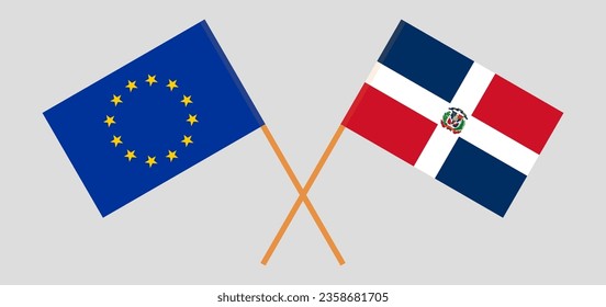 Crossed flags of the European Union and Dominican Republic. Official colors. Correct proportion. Vector illustration
