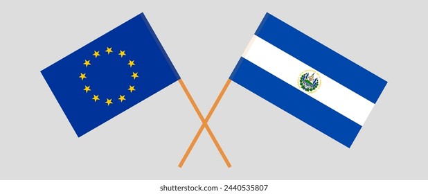 Crossed flags of the European Union and El Salvador. Official colors. Correct proportion. Vector illustration
