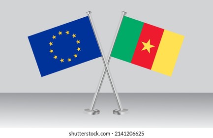 Crossed flags of European Union (EU) and Cameroon. Official colors. Correct proportion. Banner design