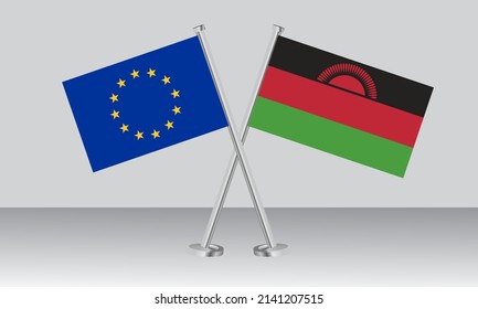 Crossed flags of European Union (EU) and Malawi. Official colors. Correct proportion. Banner design
