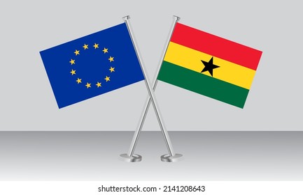 Crossed flags of European Union (EU) and Ghana. Official colors. Correct proportion. Banner design