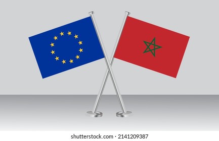Crossed flags of European Union (EU) and Morocco. Official colors. Correct proportion. Banner design