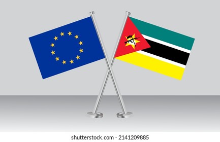Crossed flags of European Union (EU) and Mozambique. Official colors. Correct proportion. Banner design
