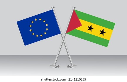 Crossed flags of European Union (EU) and Sao Tome Principe. Official colors. Correct proportion. Banner design