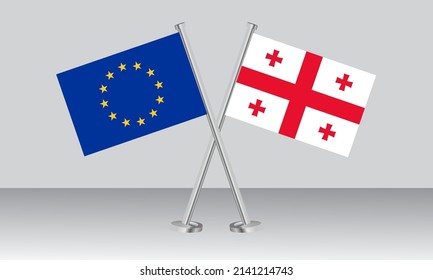 Crossed flags of European Union (EU) and Georgia. Official colors. Correct proportion. Banner design