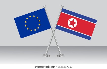 Crossed flags of European Union (EU) and North Korea. Official colors. Correct proportion. Banner design