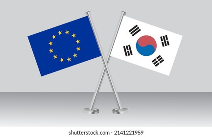 Crossed flags of European Union (EU) and South Korea. Official colors. Correct proportion. Banner design