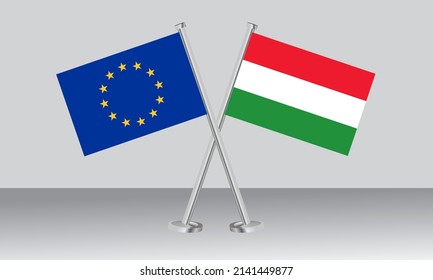 Crossed flags of European Union (EU) and Hungary. Official colors. Correct proportion. Banner design