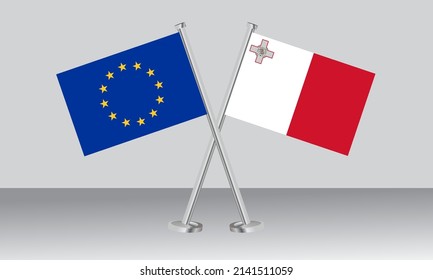 Banderas cruzadas de la Unión Europea (UE) y Malta. Colores oficiales. Proporción correcta. Diseño de pancartas