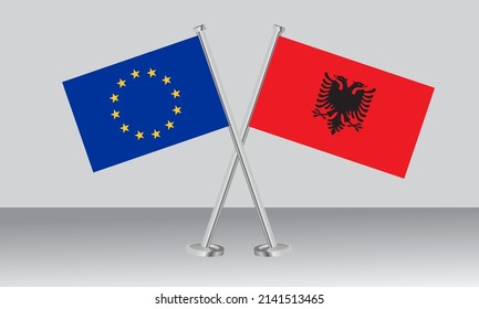 Crossed flags of European Union (EU) and Albania. Official colors. Correct proportion. Banner design