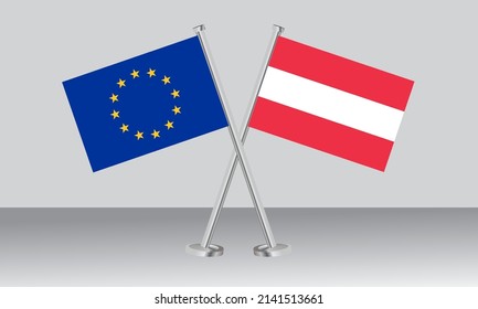 Crossed flags of European Union (EU) and Austria. Official colors. Correct proportion. Banner design