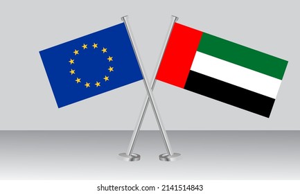 Crossed flags of European Union (EU) and United Arab Emirates (UAE). Official colors. Correct proportion. Banner design