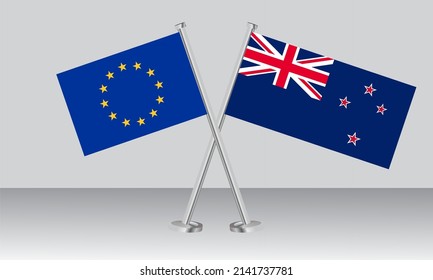 Crossed flags of European Union (EU) and New Zealand. Official colors. Correct proportion. Banner design