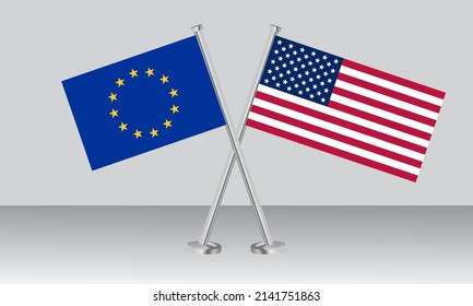 Crossed flags of European Union (EU) and United State of America (USA). Official colors. Correct proportion. Banner design