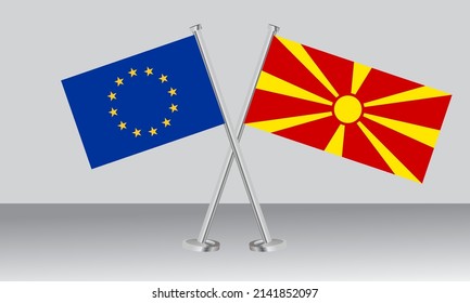 Crossed flags of European Union (EU) and North Macedonia. Official colors. Correct proportion. Banner design