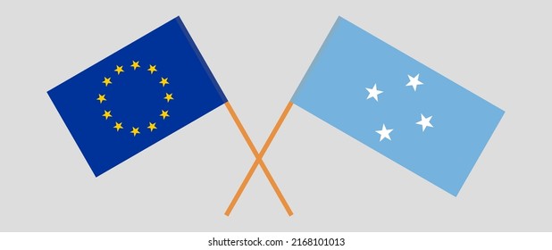 Crossed flags of the European Union and Micronesia. Official colors. Correct proportion. Vector illustration
