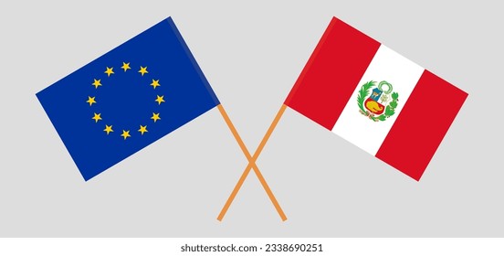 Crossed flags of the European Union and Peru. Official colors. Correct proportion. Vector illustration
