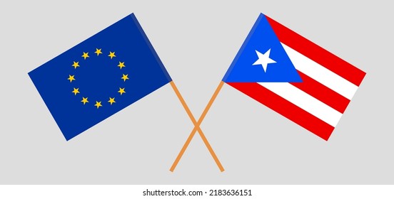 Crossed flags of the European Union and Puerto Rico. Official colors. Correct proportion. Vector illustration
