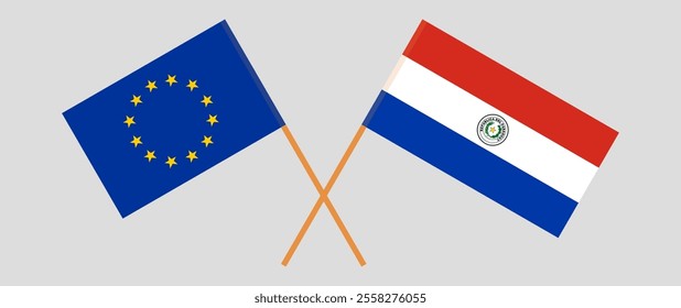 Crossed flags of the European Union and Republic of Paraguay. Official colors. Correct proportion. Vector illustration.
