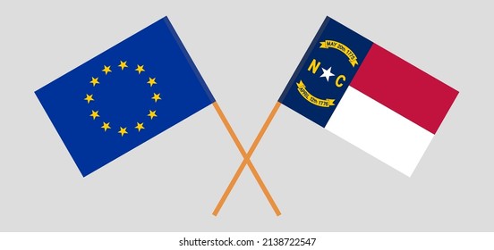 Crossed flags of the European Union and The State of North Carolina. Official colors. Correct proportion. Vector illustration
