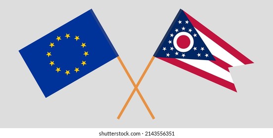 Crossed flags of the European Union and the State of Ohio. Official colors. Correct proportion. Vector illustration
