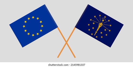 Crossed flags of the European Union and the State of Indiana. Official colors. Correct proportion. Vector illustration
