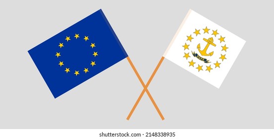Crossed flags of the European Union and the State of Rhode Island. Official colors. Correct proportion. Vector illustration

