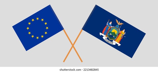 Crossed flags of the European Union and The State of New York. Official colors. Correct proportion. Vector illustration
