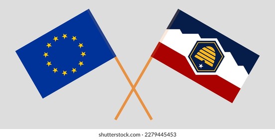 Banderas cruzadas de la Unión Europea y del Estado de Utah. Colores oficiales. Proporción correcta. Ilustración del vector
