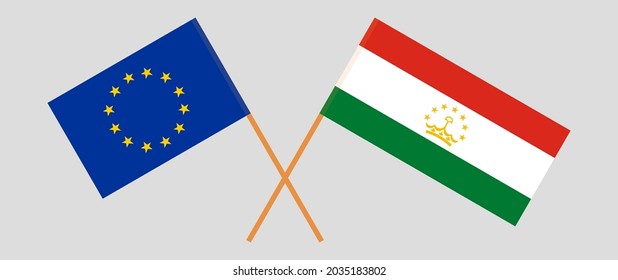 Crossed flags of the European Union and Tajikistan. Official colors. Correct proportion