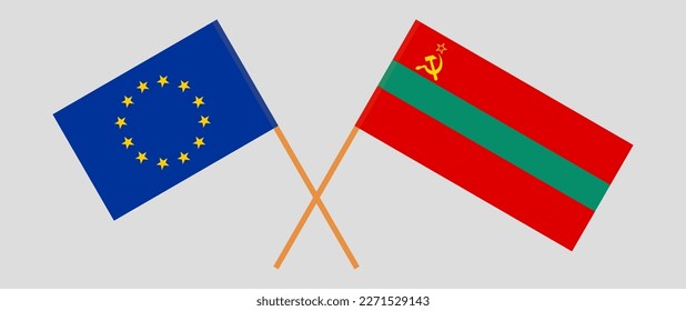 Crossed flags of the European Union and Transnistria. Official colors. Correct proportion. Vector illustration