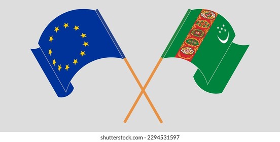 Crossed flags of the European Union and Turkmenistan. Official colors. Correct proportion. Vector illustration
