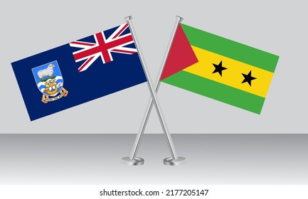 Crossed flags of Falkland Islands and  Sao Tome Principe. Official colors. Correct proportion. Banner design