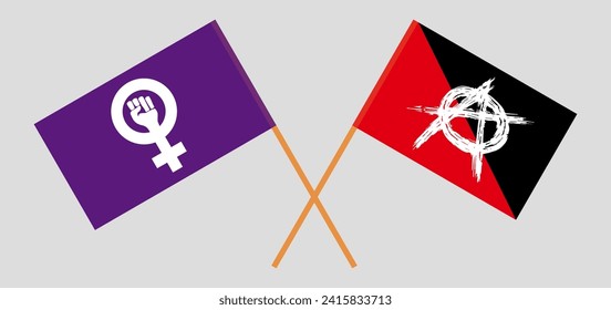 Crossed flags of Feminism and anarchy. Official colors. Correct proportion. Vector illustration
