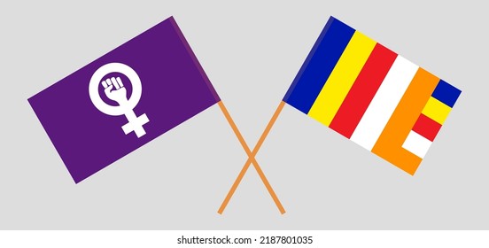 Crossed flags of Feminism and Buddhism. Official colors. Correct proportion. Vector illustration
