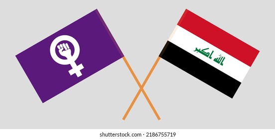 Crossed flags of Feminism and Iraq. Official colors. Correct proportion. Vector illustration

