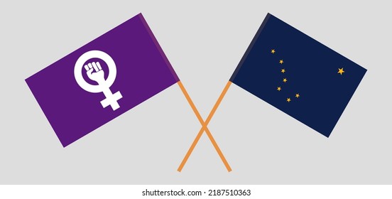 Crossed flags of Feminism and the State of Alaska. Official colors. Correct proportion. Vector illustration
