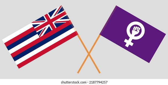 Crossed flags of Feminism and The State Of Hawaii. Official colors. Correct proportion. Vector illustration
