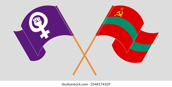 Bandeiras cruzadas do feminismo e da Transnístria. Cores oficiais. Proporção correta. Ilustração vetorial.
