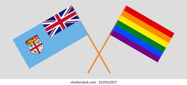 Crossed flags of Fiji and LGBTQ. Official colors. Correct proportion. Vector illustration
