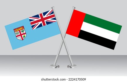 Crossed flags of Fiji and United Arab Emirates (UAE). Official colors. Correct proportion. Banner design