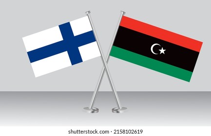 Gekreuzte Flaggen von Finnland und Libyen. Offizielle Farben. Richtiger Anteil. Banner-Design