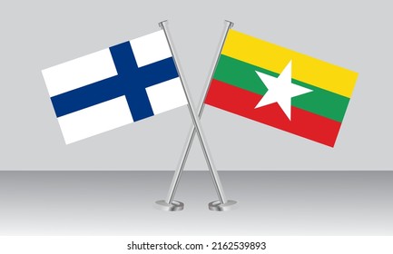 Crossed flags of Finland and Myanmar. Official colors. Correct proportion. Banner design