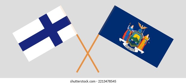 Banderas cruzadas de Finlandia y el Estado de Nueva York. Colores oficiales. Proporción correcta. Ilustración del vector
