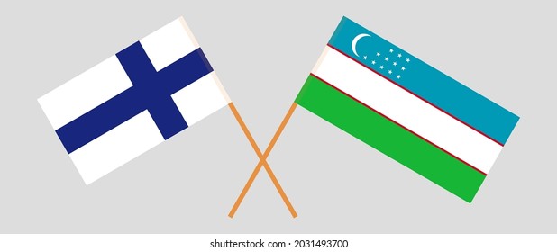 Crossed flags of Finland and Uzbekistan. Official colors. Correct proportion