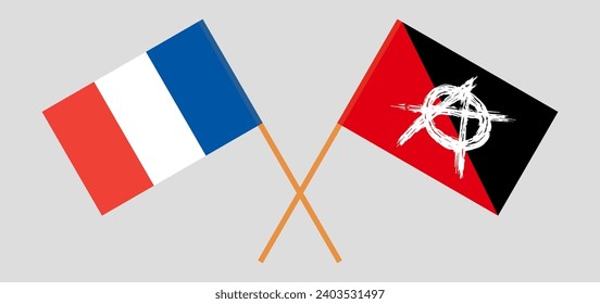 Crossed flags of France and anarchy. Official colors. Correct proportion. Vector illustration
